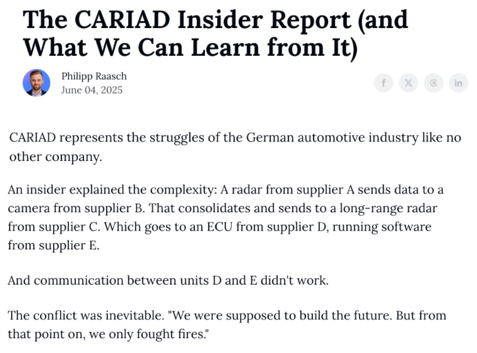 Excerpt from The CARIAD Insider Report by Philipp Raasch describing supplier integration complexity and fighting fires instead of building the future.