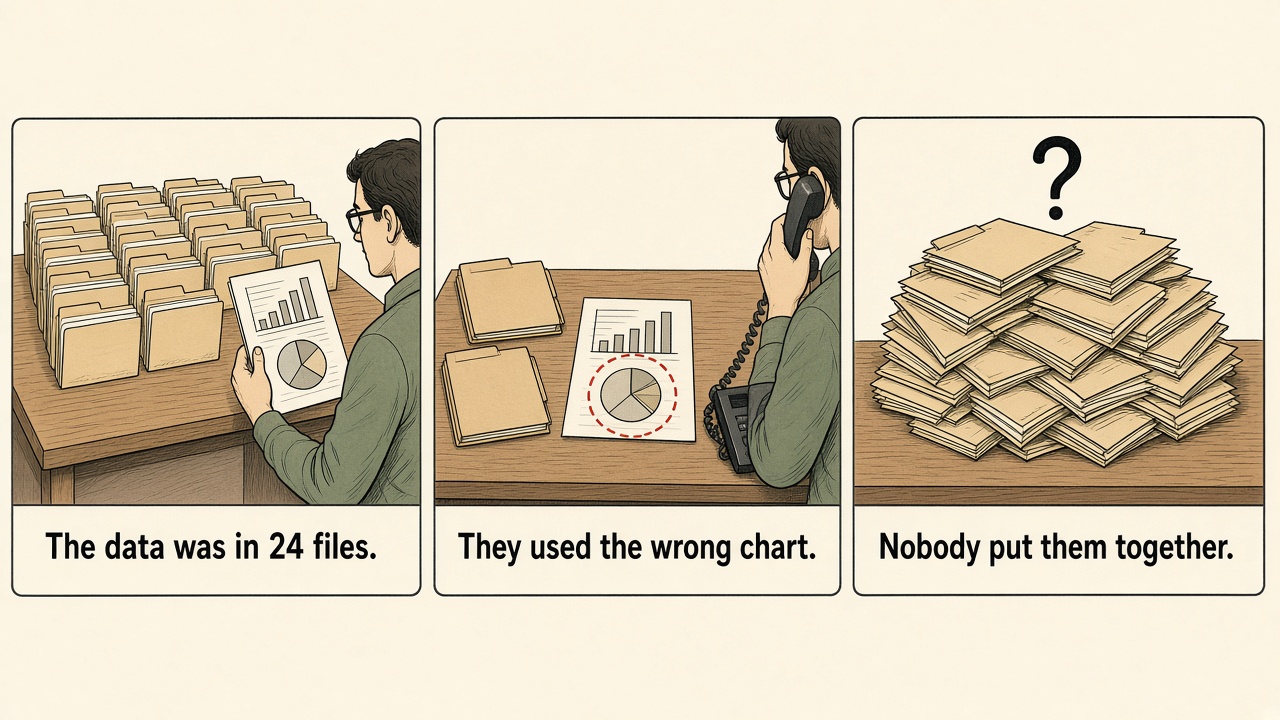 Comic: the data was in 24 files, they used the wrong chart, and nobody put the files together.