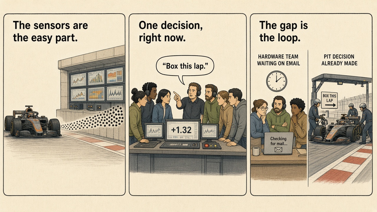Comic: sensors stream off a race car, the pit wall decides to box this lap, and a hardware team is still waiting on email.
