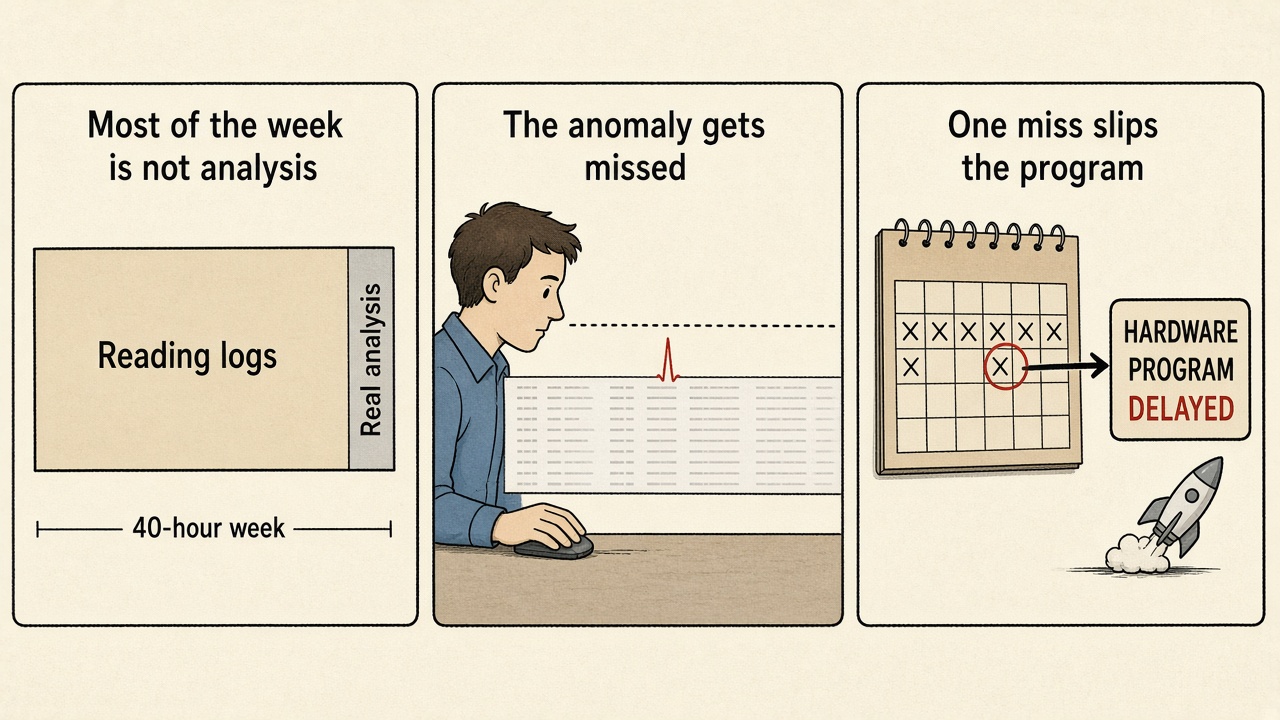Comic: most of a validation week is reading logs, an anomaly gets missed, and the program slips.