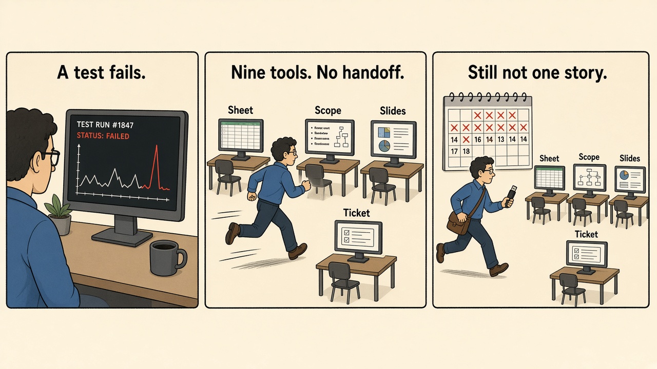 Comic: a test fails, then an engineer runs between Sheet, Scope, Slides, and Ticket, and days later there is still not one story.