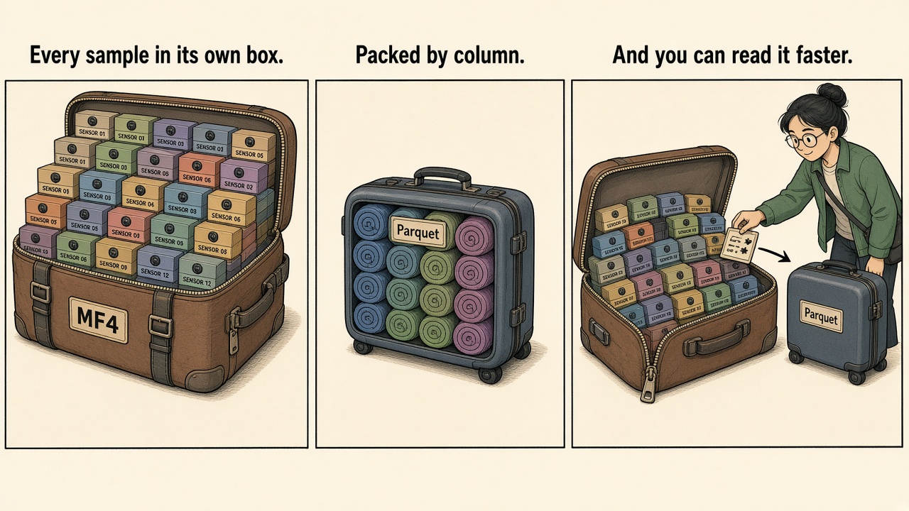 Comic: MF4 packs every sample in its own box, Parquet packs by column, and the smaller file can be read faster.